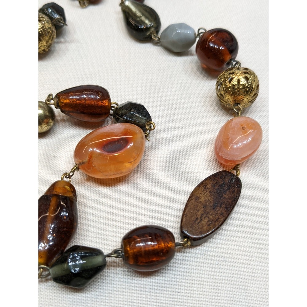 Beggars Beads Necklace Agate Stone Glass Wood Tone Boho Gold Tone ~32" - Picture 3 of 6